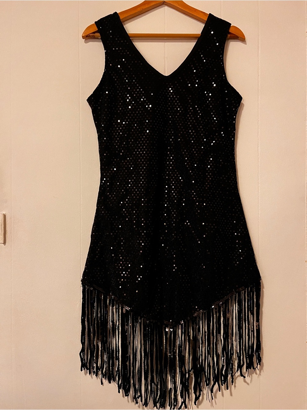 Black Sequin Fringe V‑Neck Dress